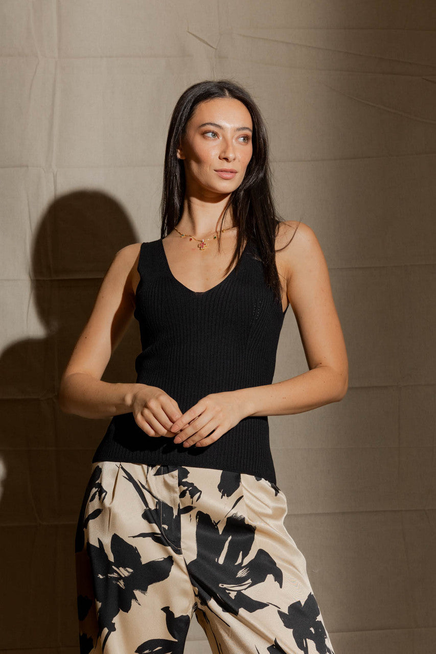 Black Rib V Neck Cami