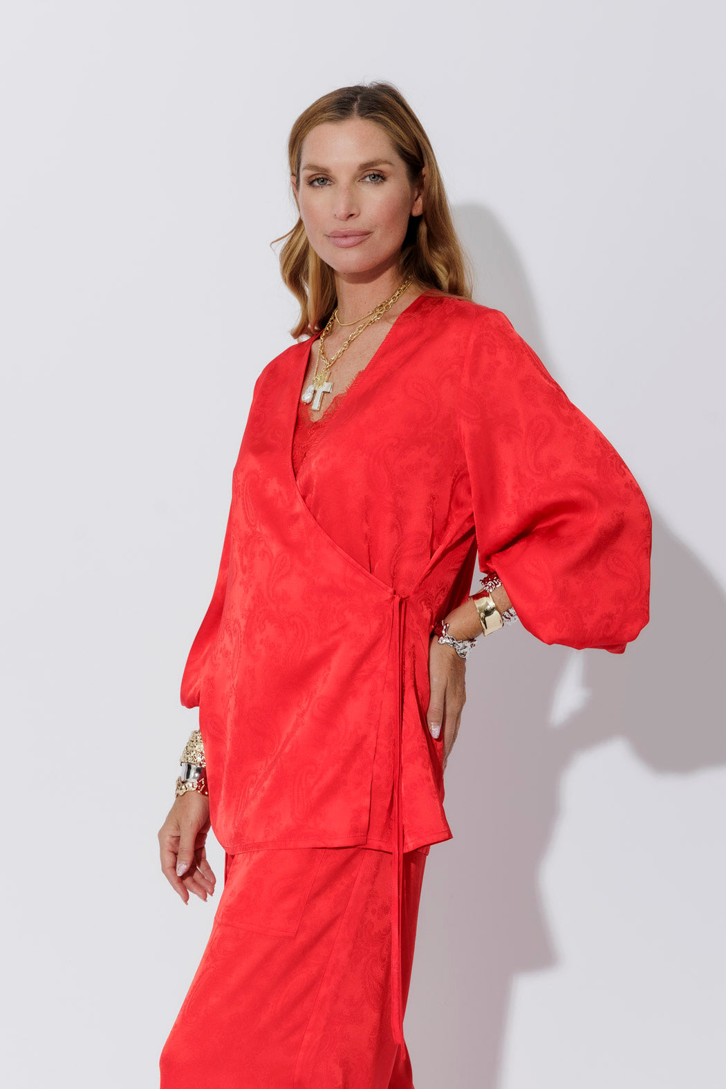 Red Silky Wrap Top