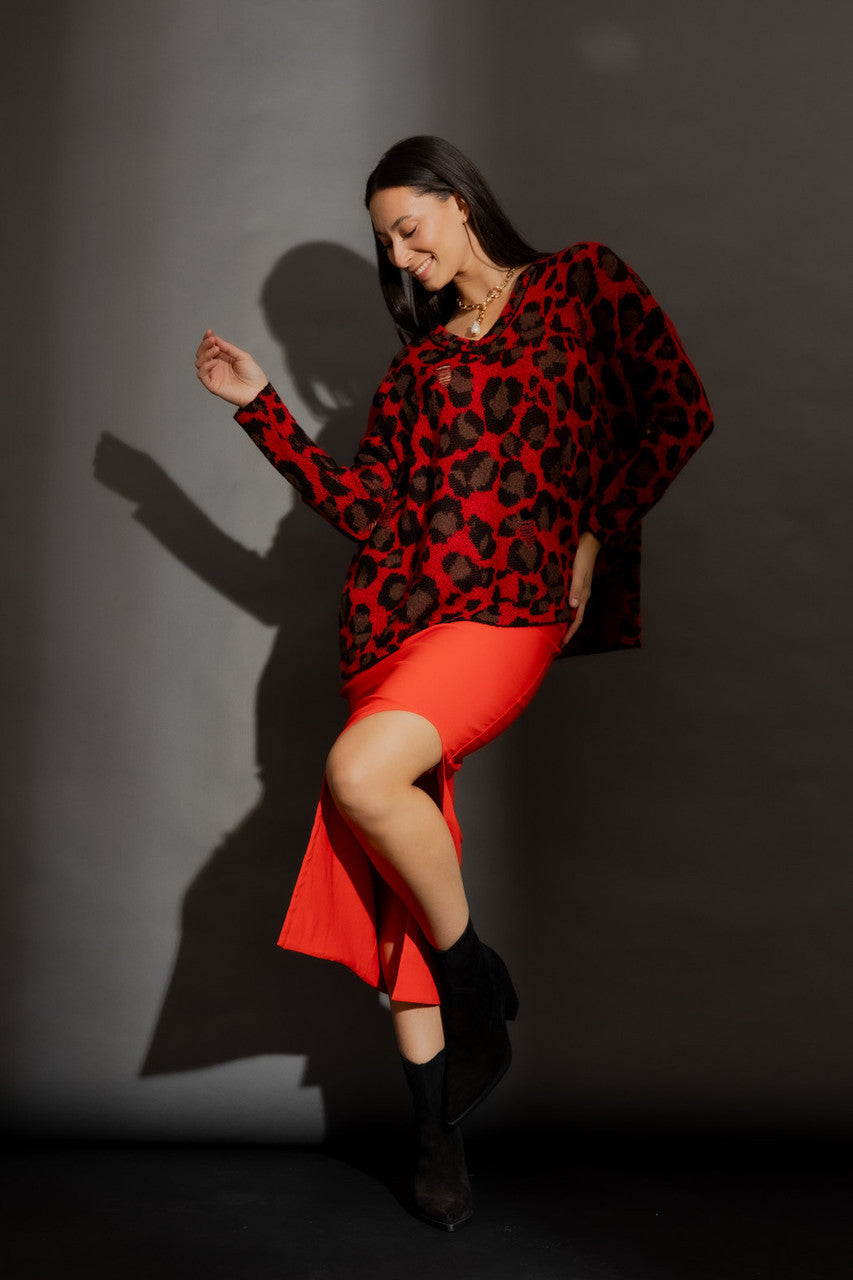 Red Distressed Leopard Knit Red S/M