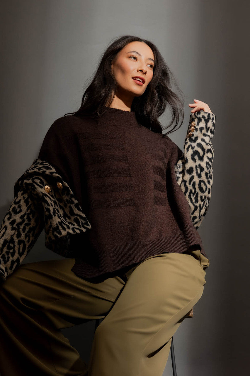 Chocolate Mock Neck Drop Shoulder Knit Chocolate S