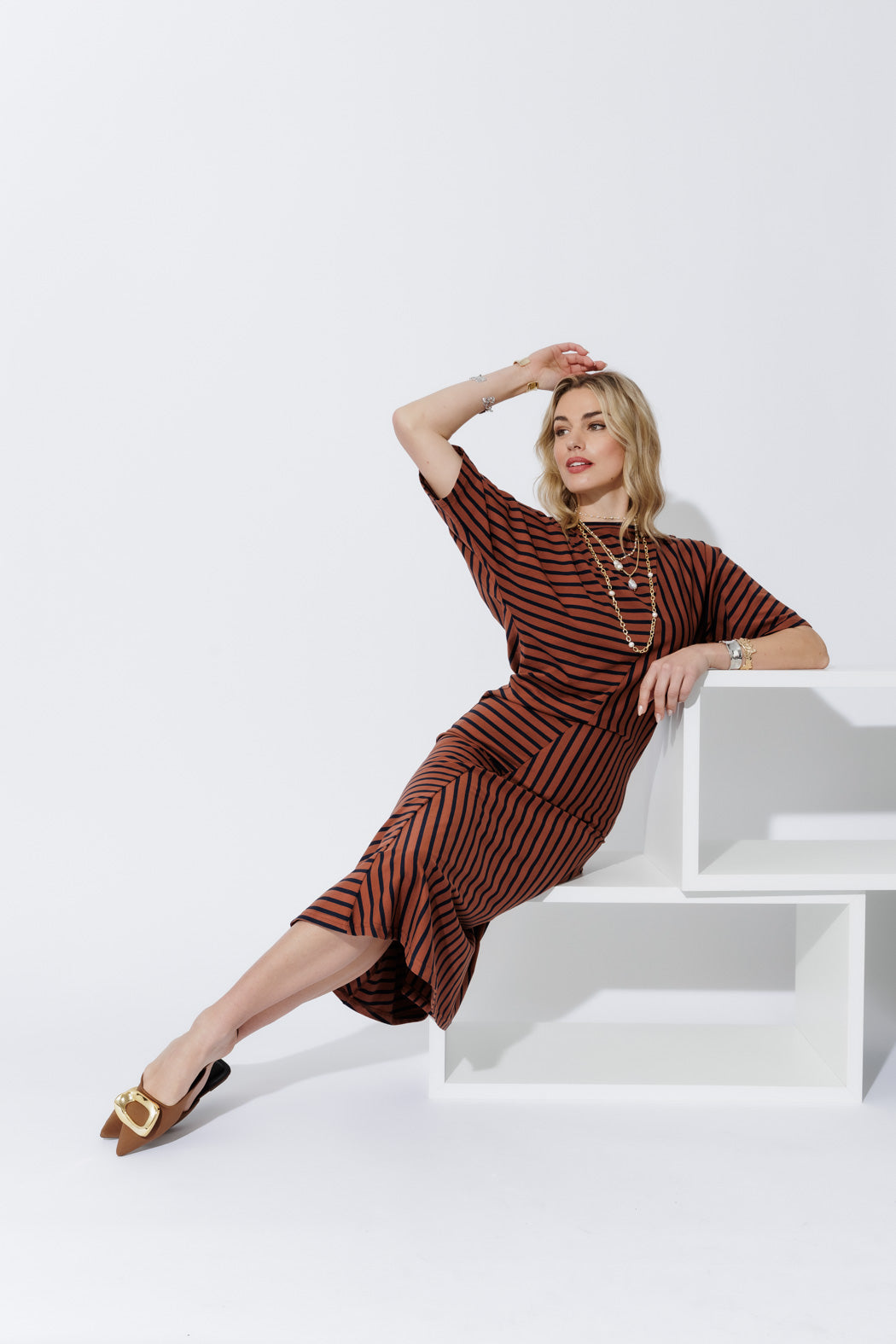 Tan/Navy Stripe Knit Dress