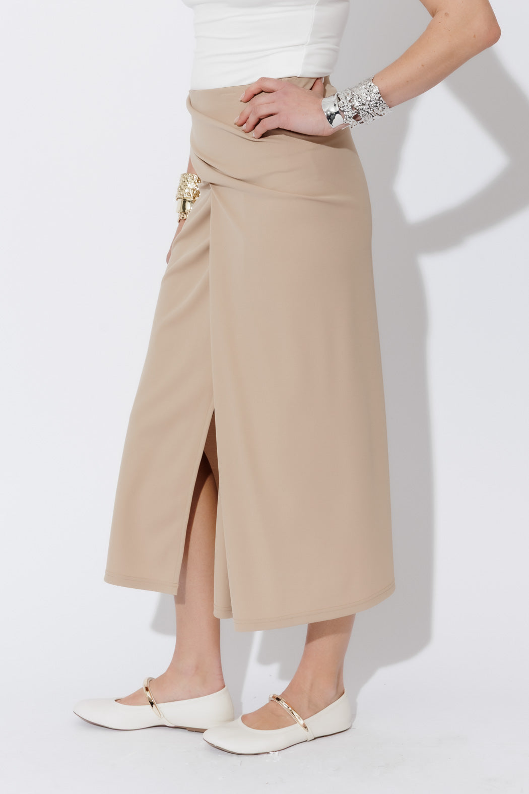 Beige Drape Front Skirt