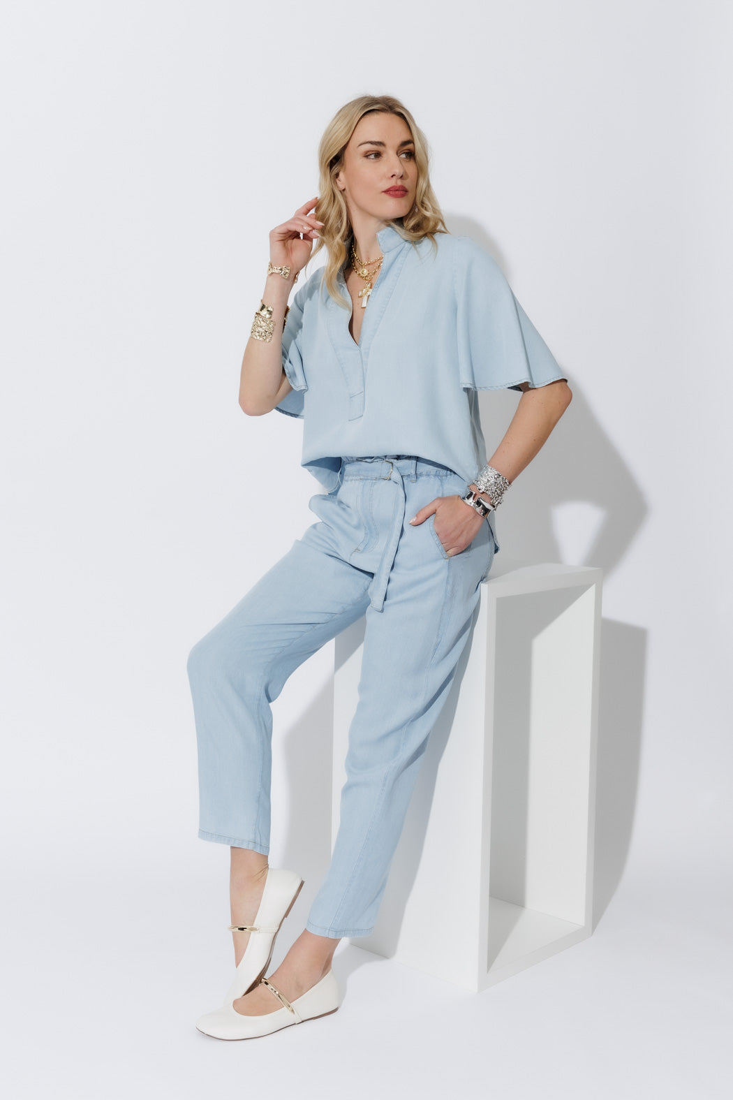 Light Denim Tencel Paperbag Pant