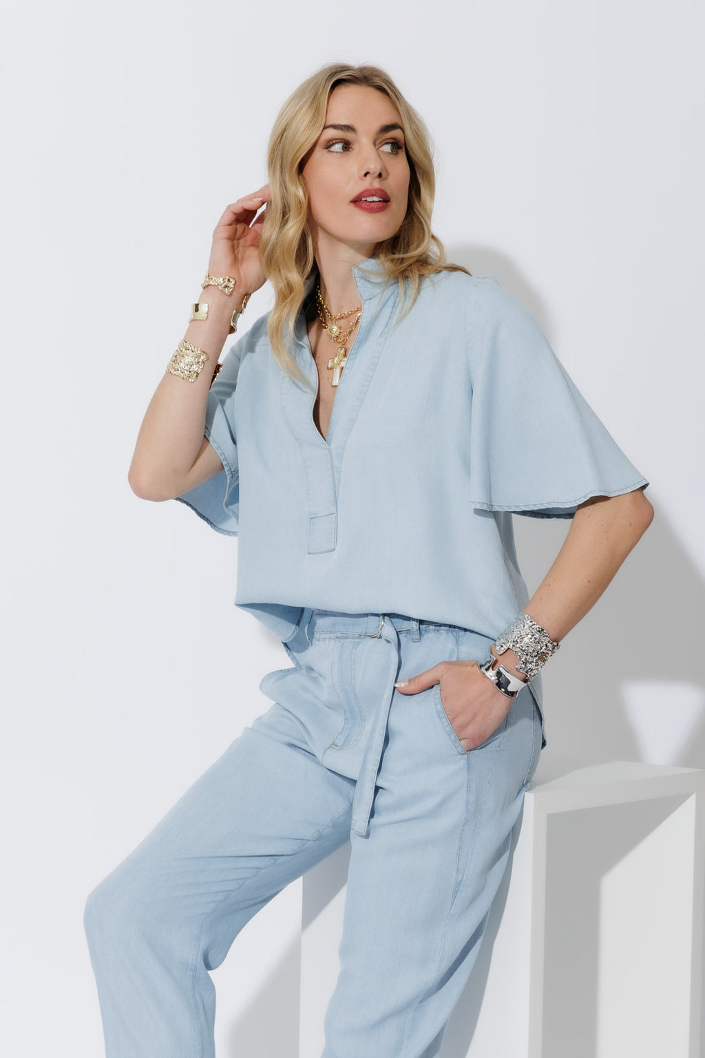 Light Denim Tencel Fluted Blogger Shirt