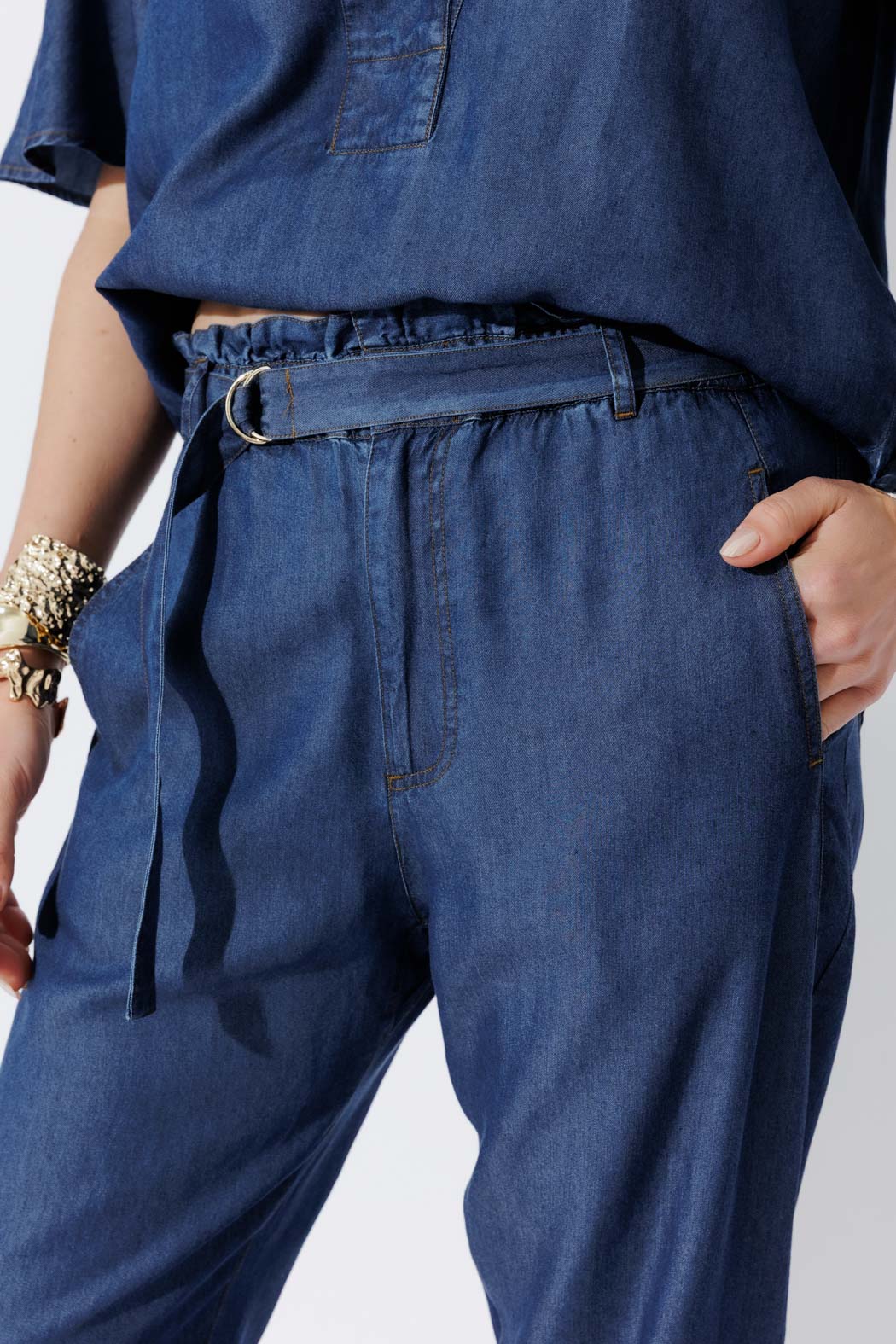 Dark Denim Tencel Paperbag Pant