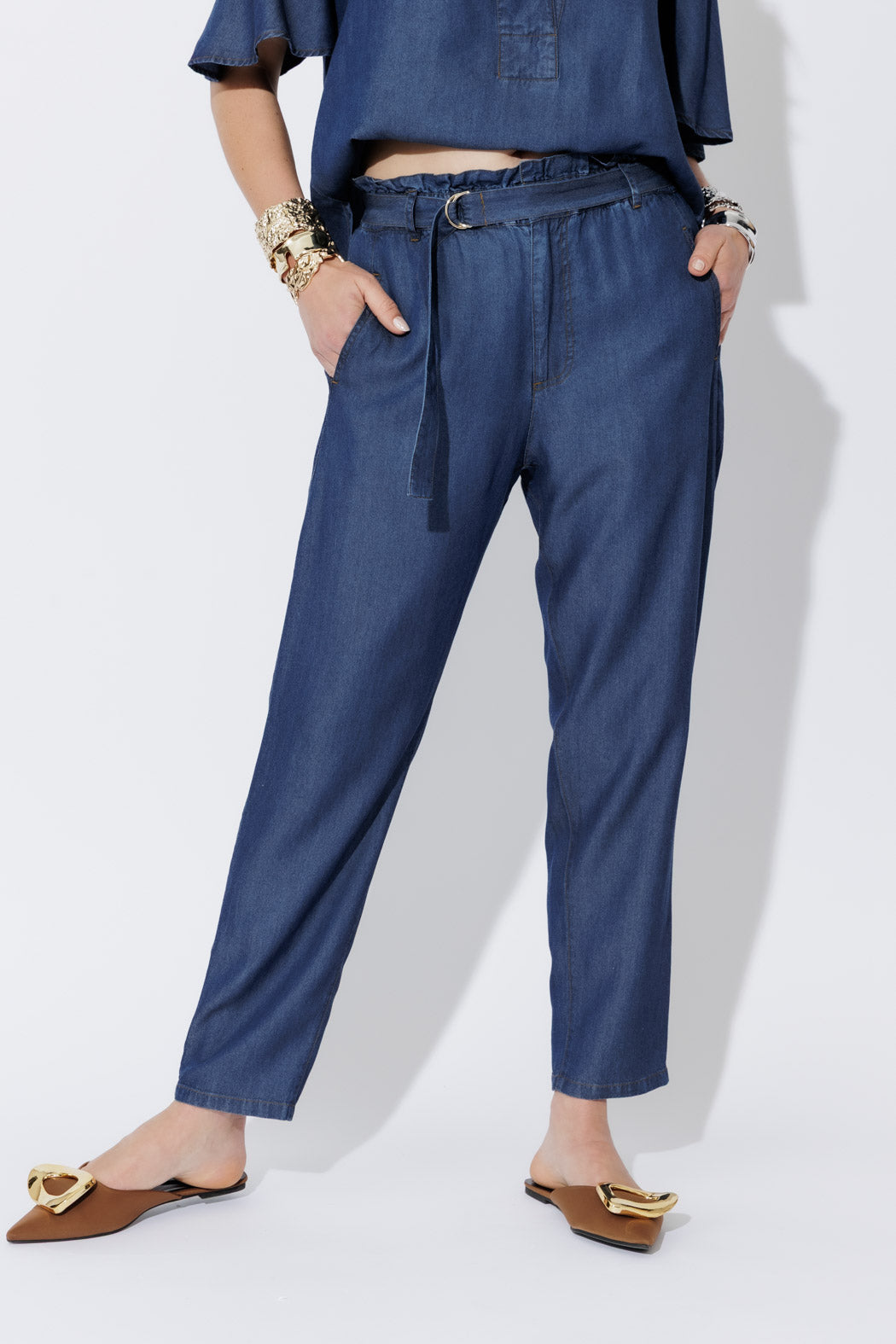 Dark Denim Tencel Paperbag Pant
