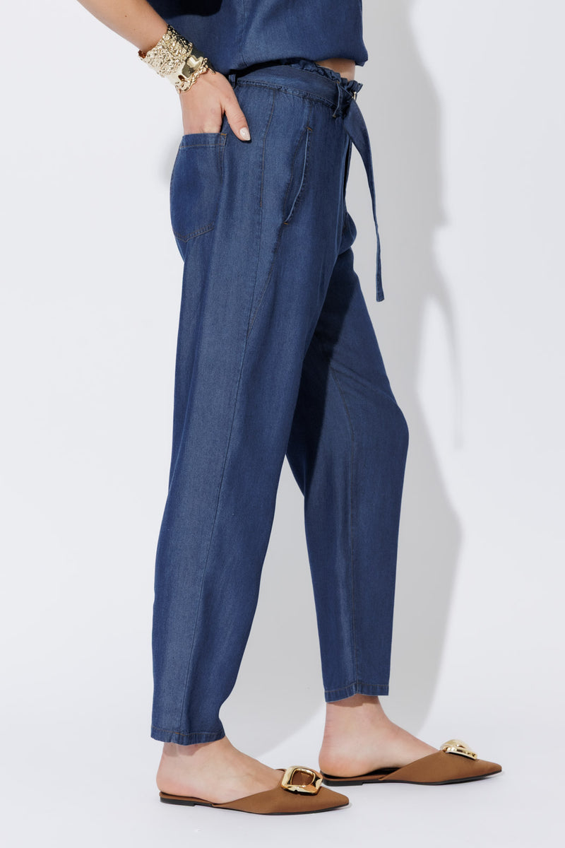 Dark Denim Tencel Paperbag Pant