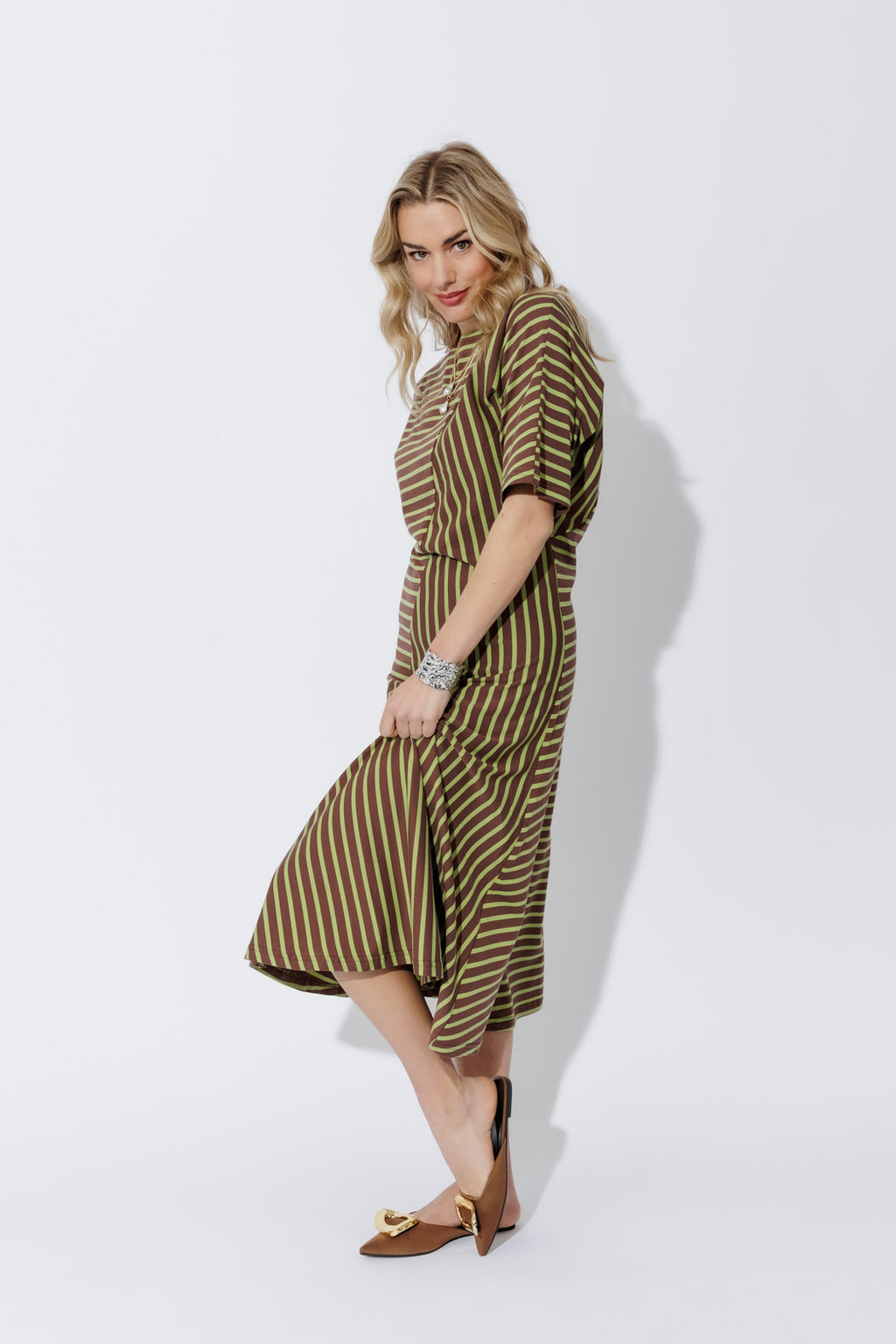 Chartreuse/Mocha Stripe Knit Dress