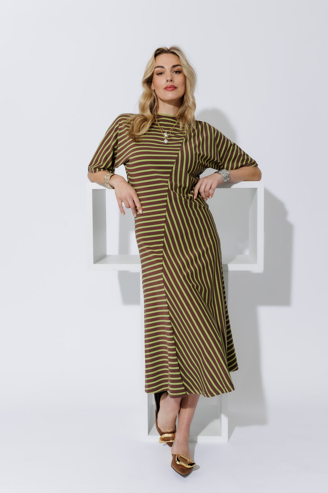 Chartreuse/Mocha Stripe Knit Dress