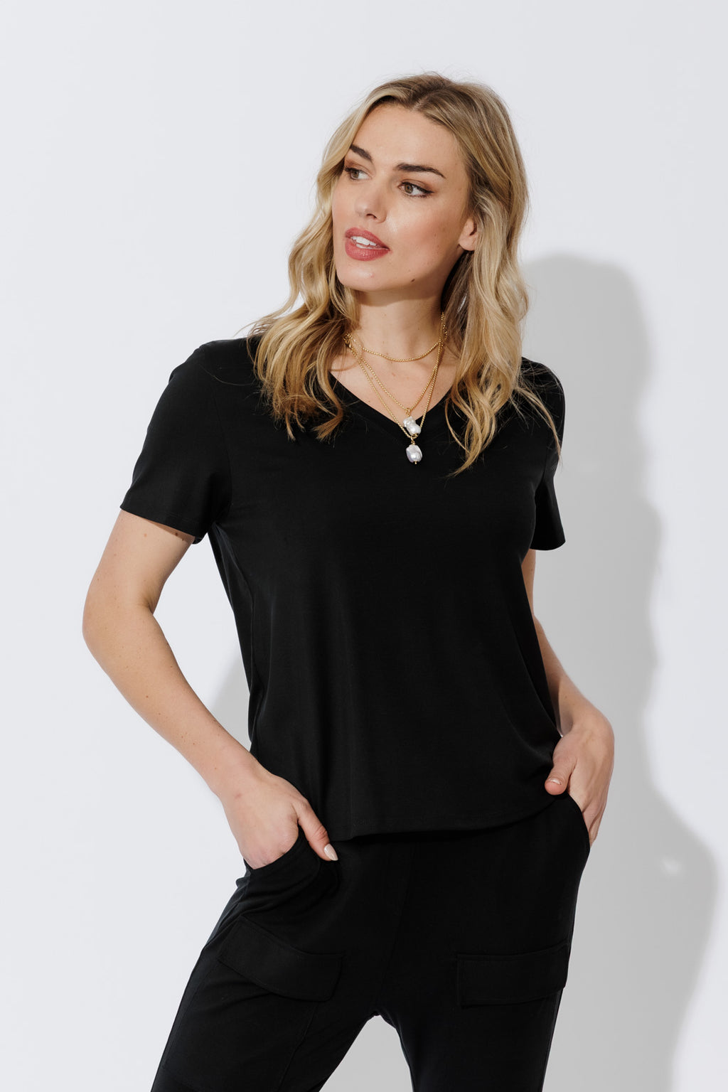 Black Tencel V-Neck T-Shirt