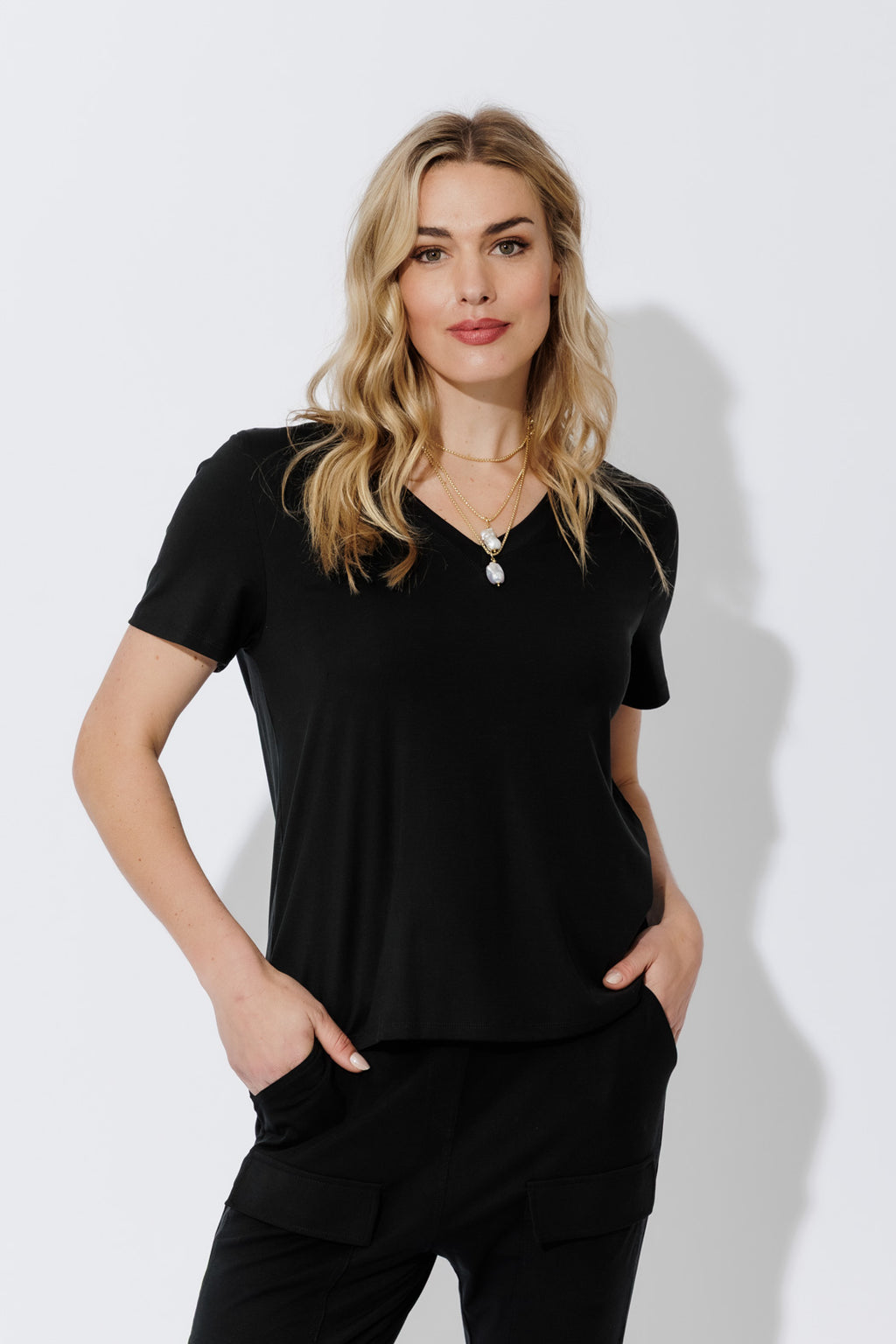 Black Tencel V-Neck T-Shirt