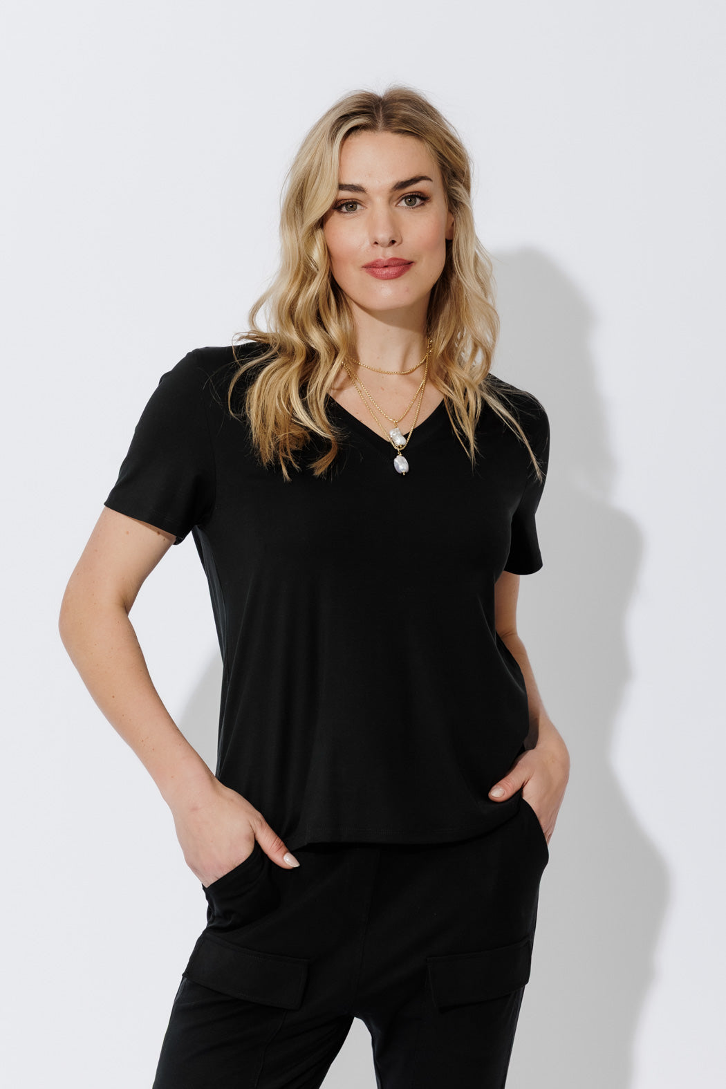 Black Tencel V-Neck T-Shirt