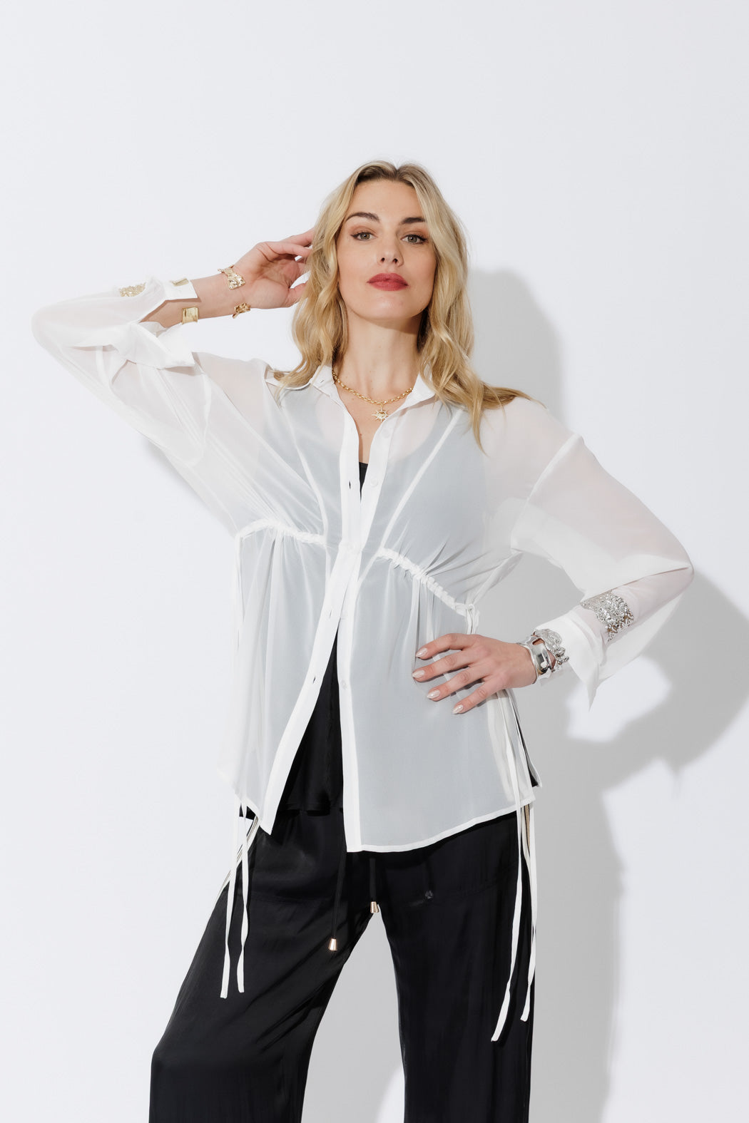 White Chiffon Drawstring Shirt