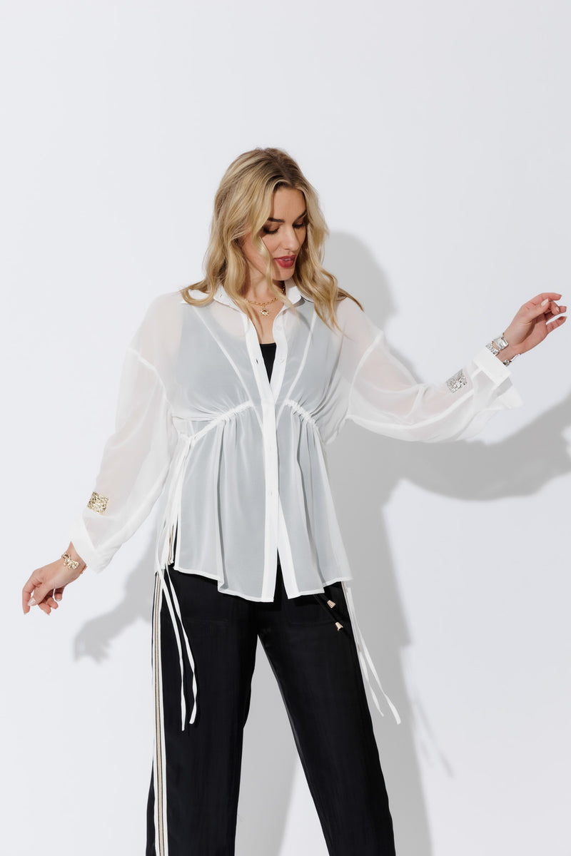 White Chiffon Drawstring Shirt