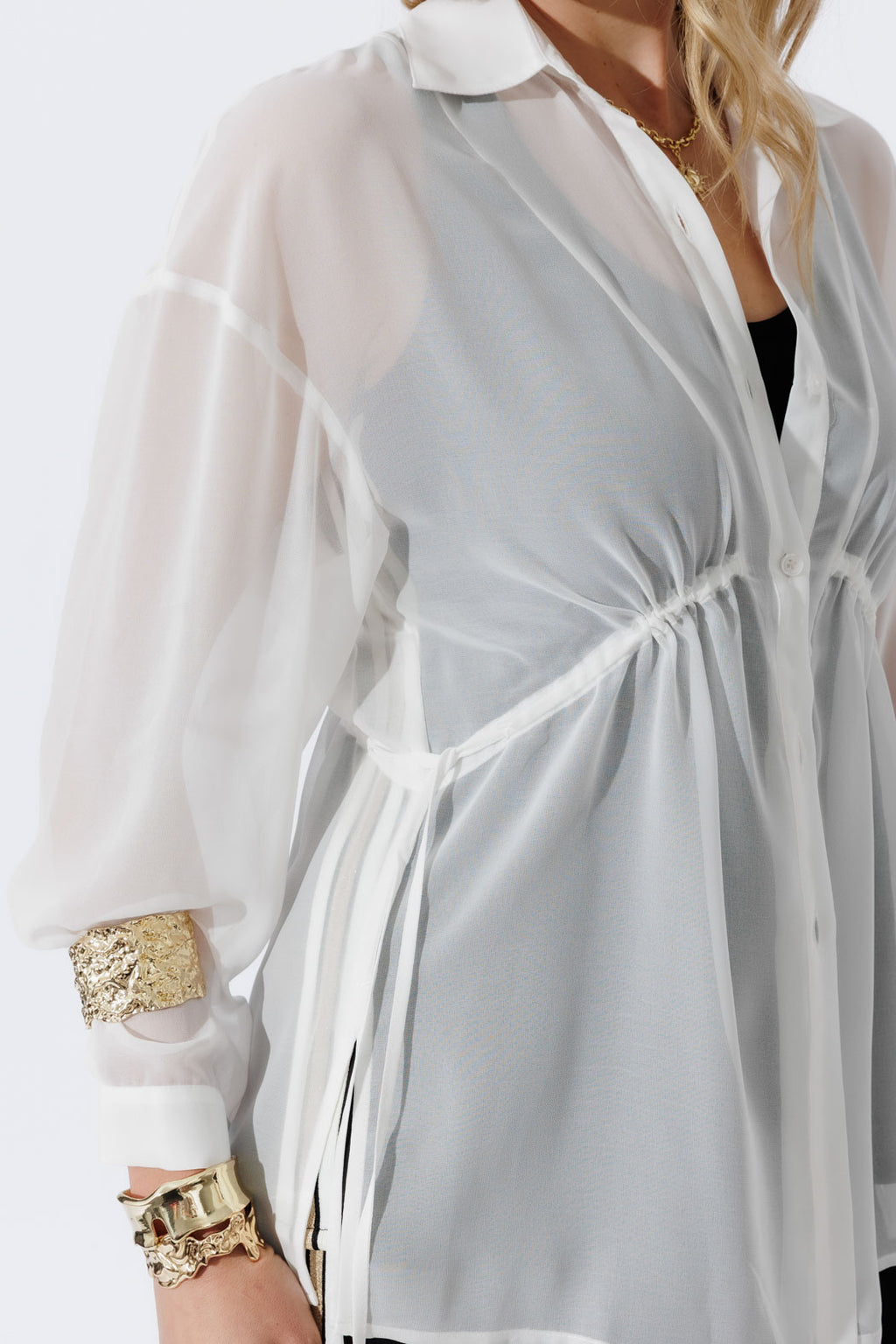 White Chiffon Drawstring Shirt