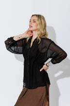 Black Chiffon Drawstring Shirt