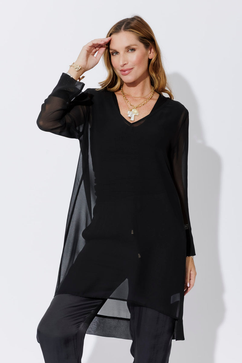 Black Chiffon V-Neck Tunic