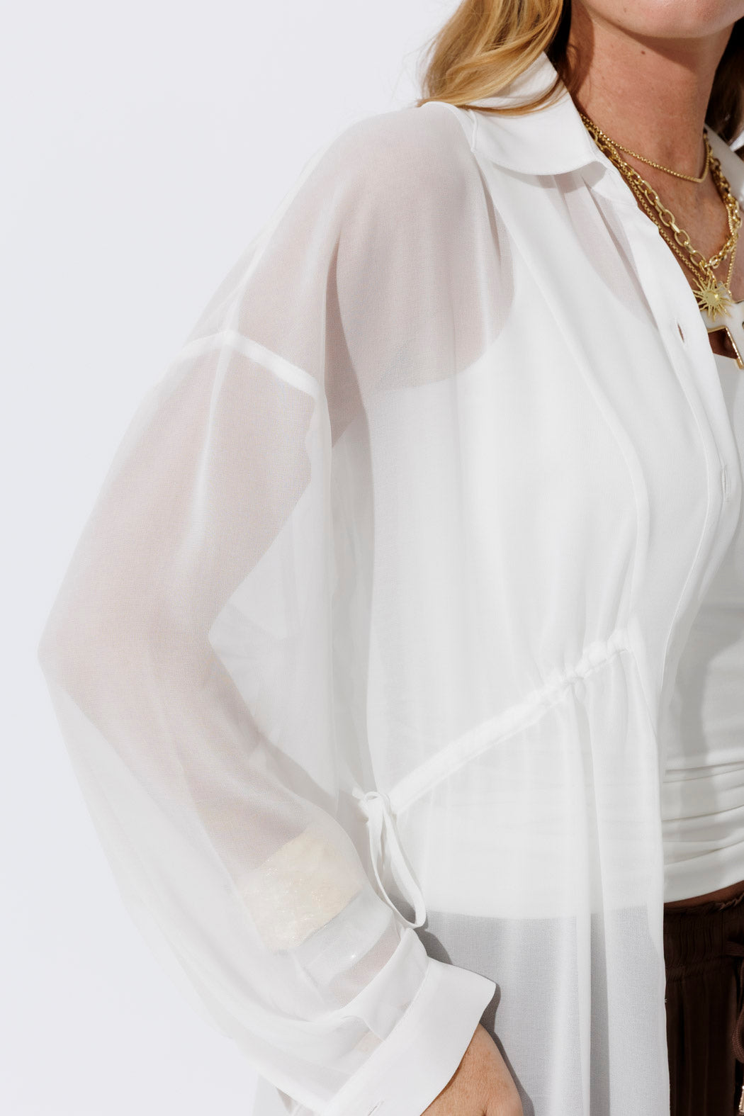 White Chiffon Drawstring Shirt
