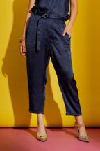 Navy Embossed Paperbag Pant