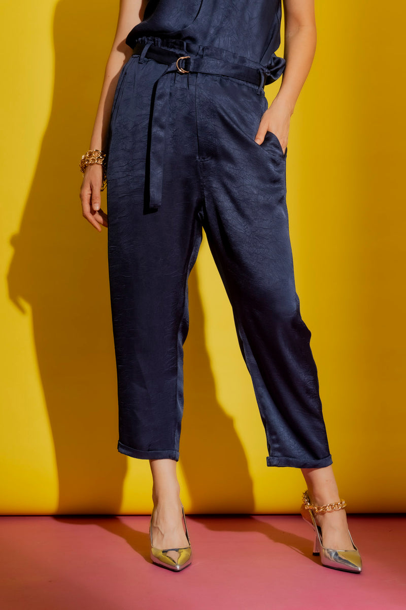 Navy Embossed Paperbag Pant