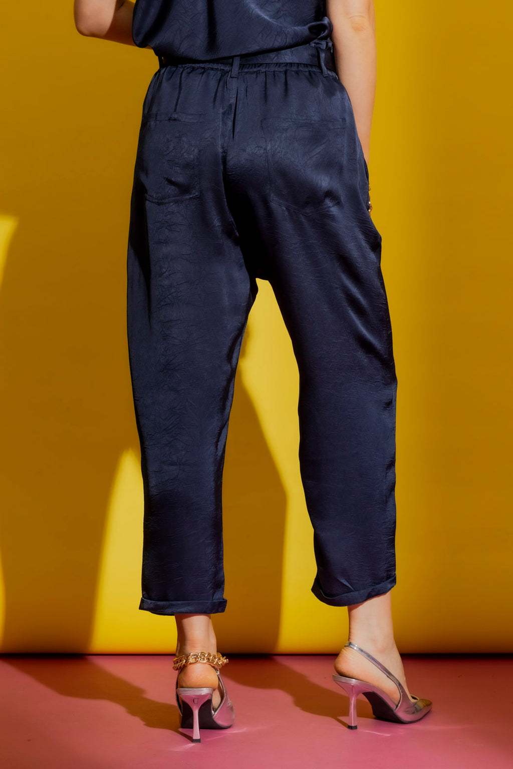 Navy Embossed Paperbag Pant