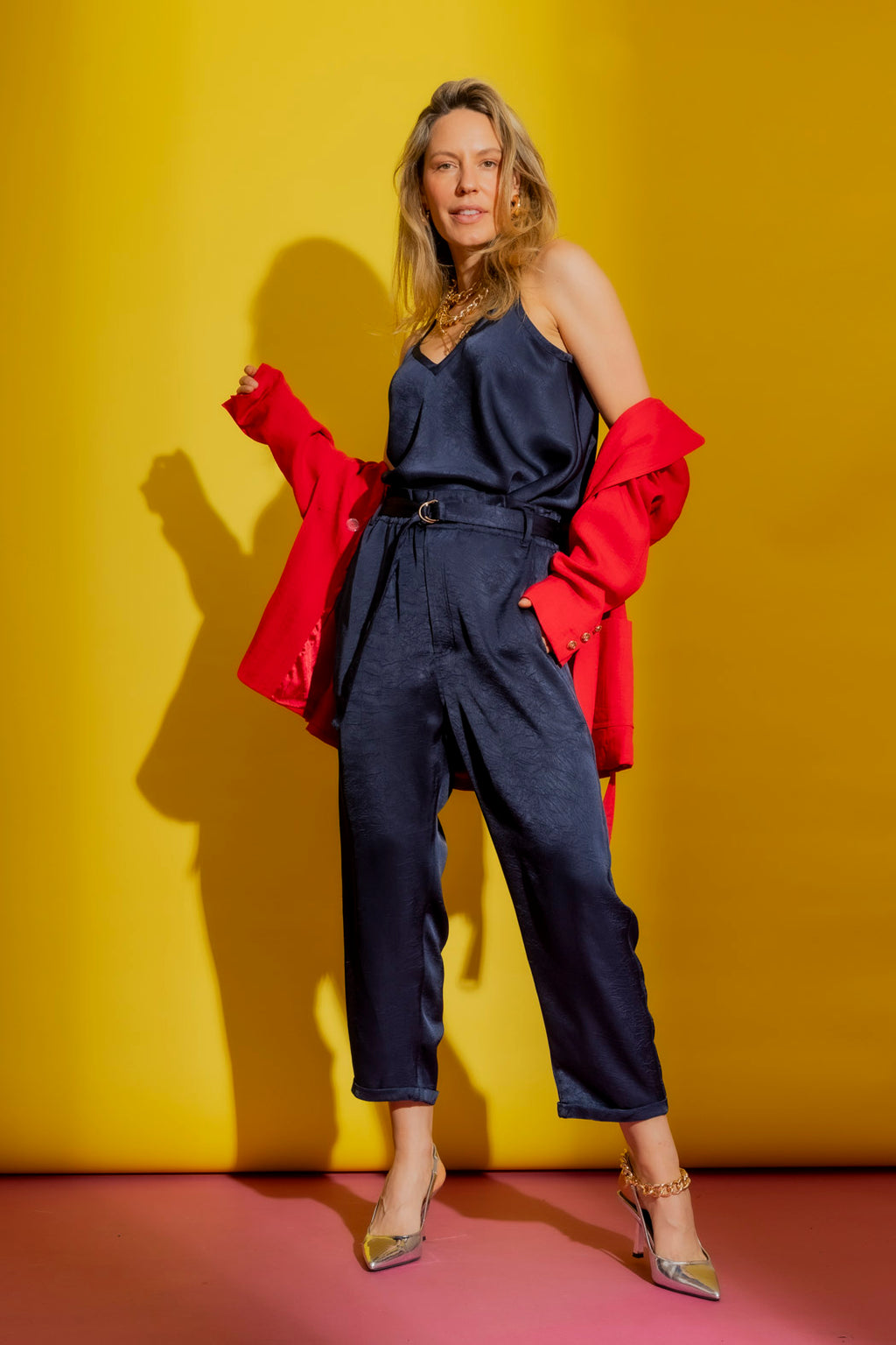 Navy Embossed Paperbag Pant