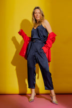 Navy Embossed Paperbag Pant