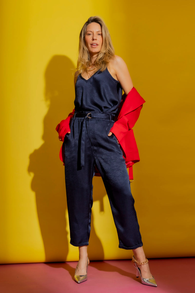 Navy Embossed Paperbag Pant