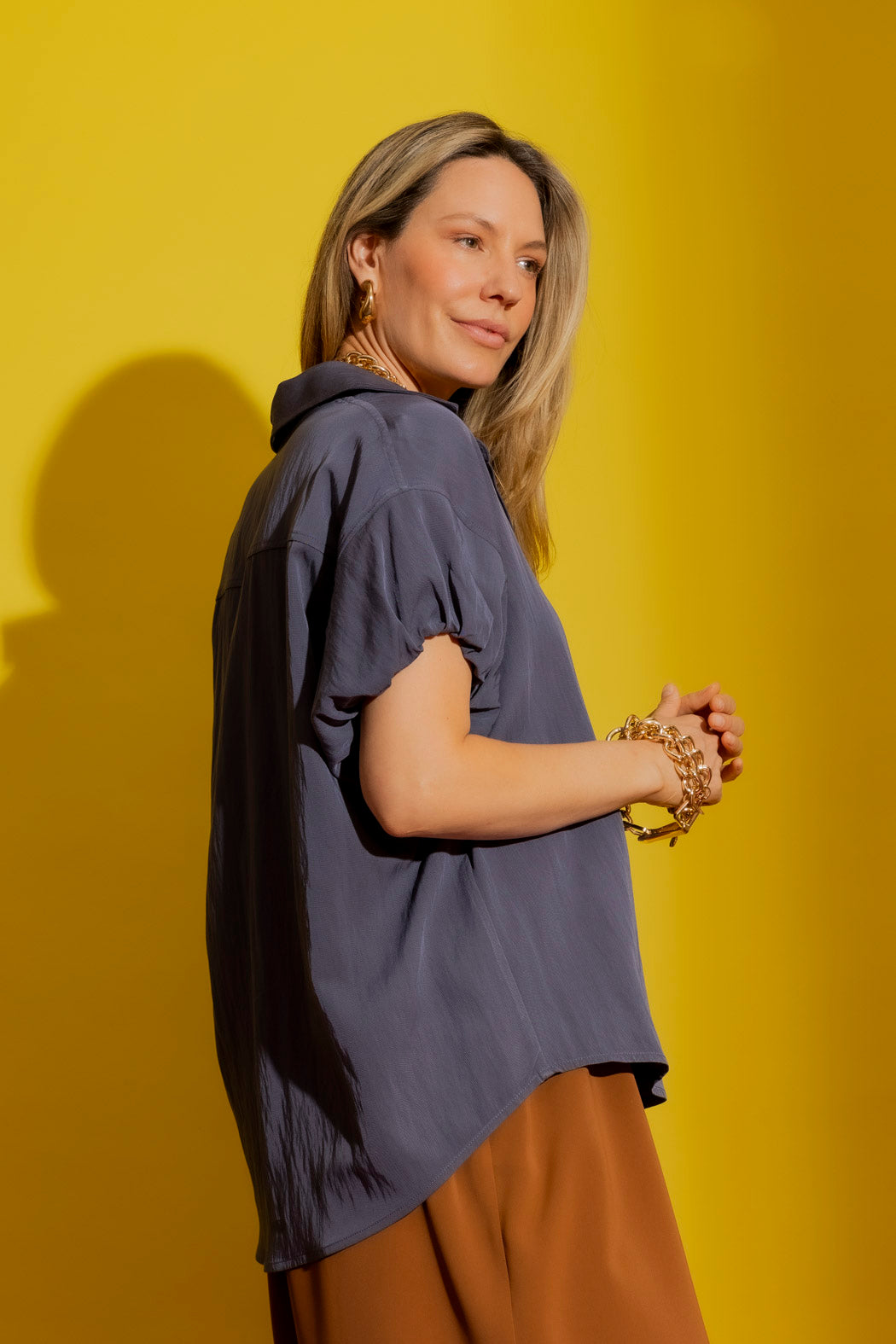 Washed Navy Bubble Sleeve Shirt Washed Navy