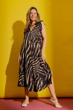 Tan Zebra Ruffle Maxi Dress