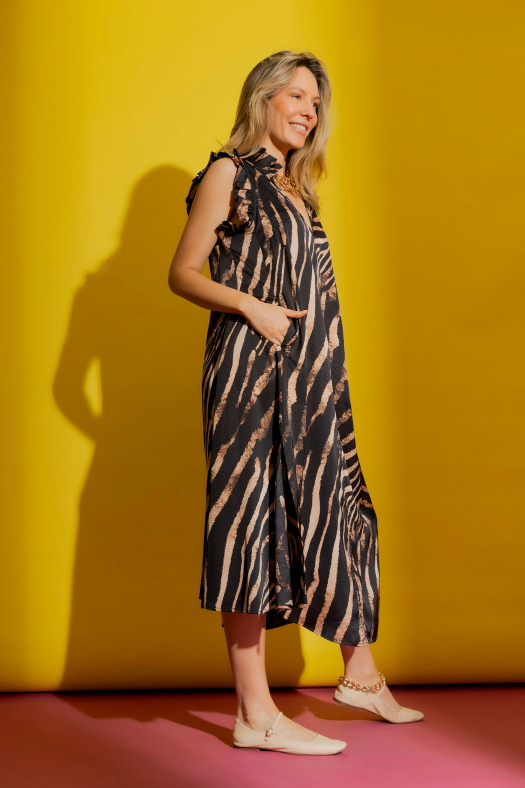 Tan Zebra Ruffle Maxi Dress