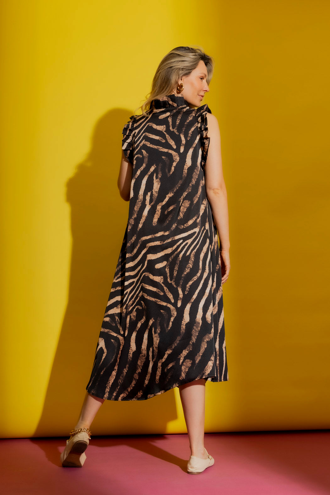 Tan Zebra Ruffle Maxi Dress