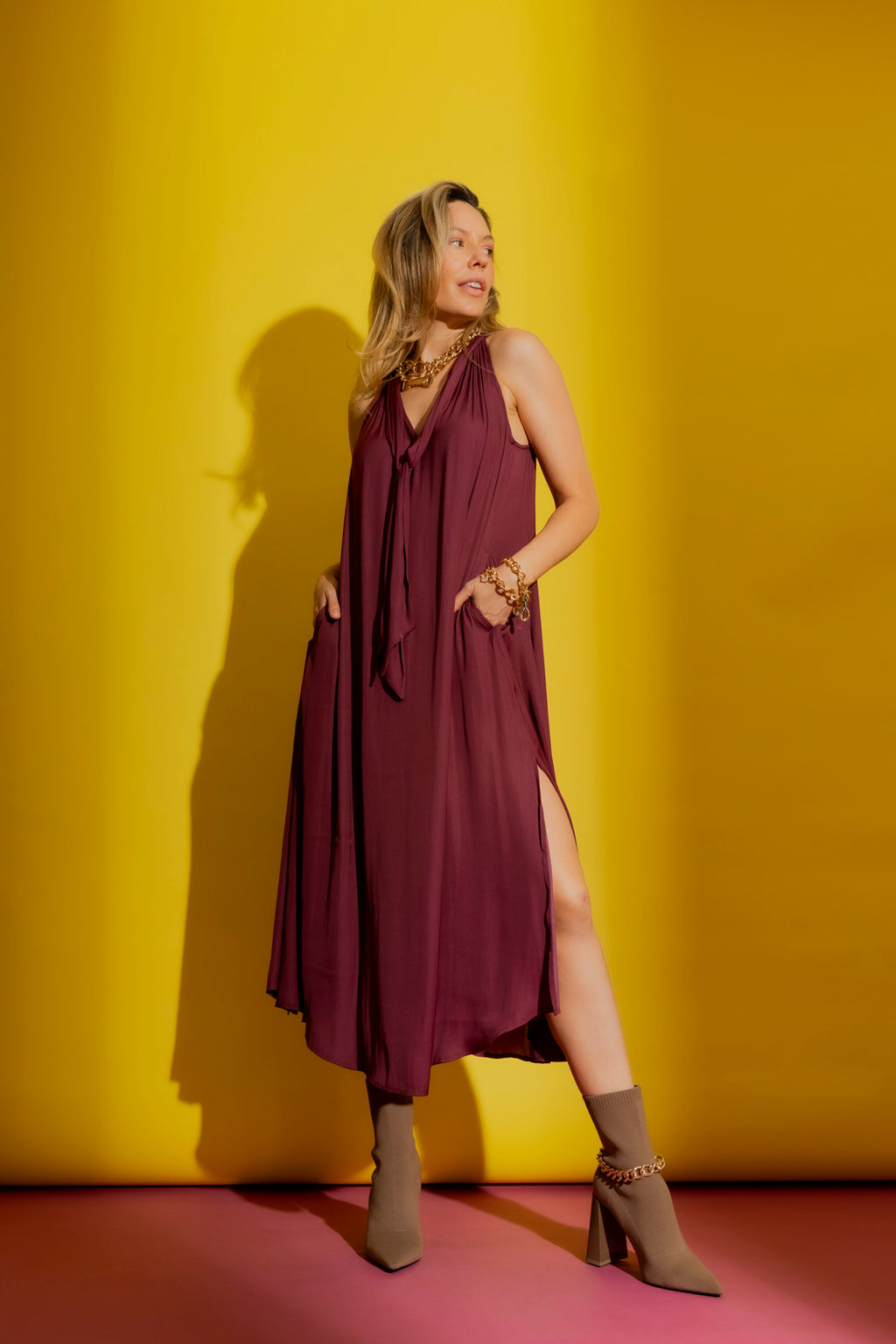Wine Tie Neck Dress