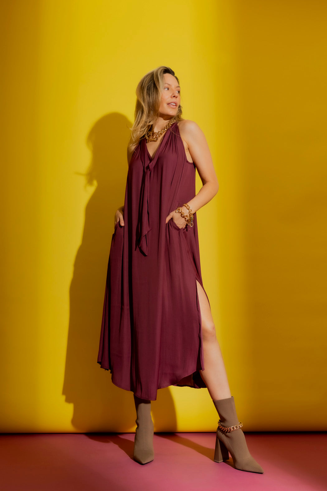 Wine Tie Neck Dress