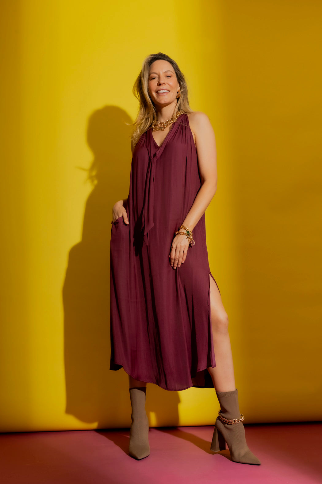Wine Tie Neck Dress