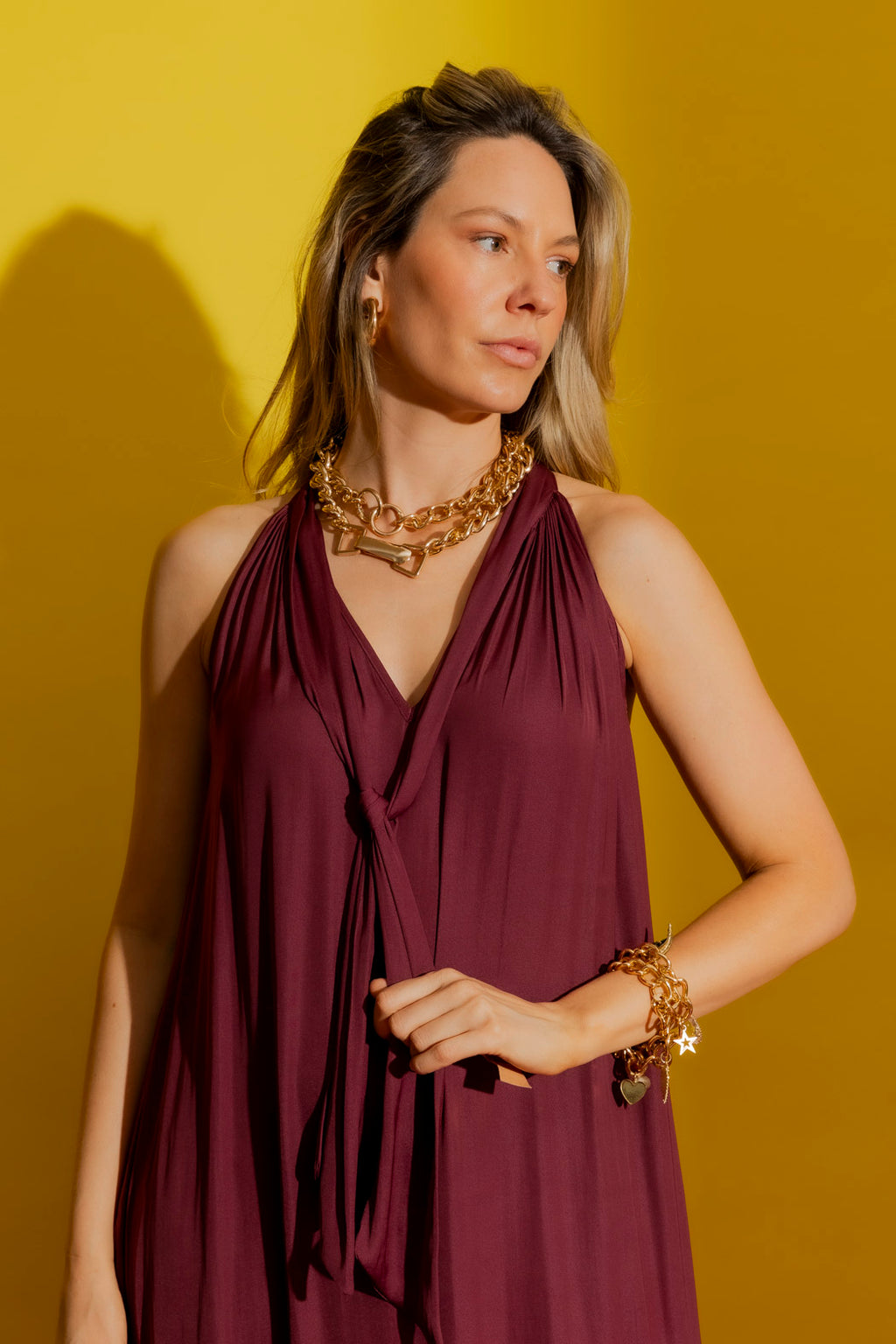 Wine Tie Neck Dress