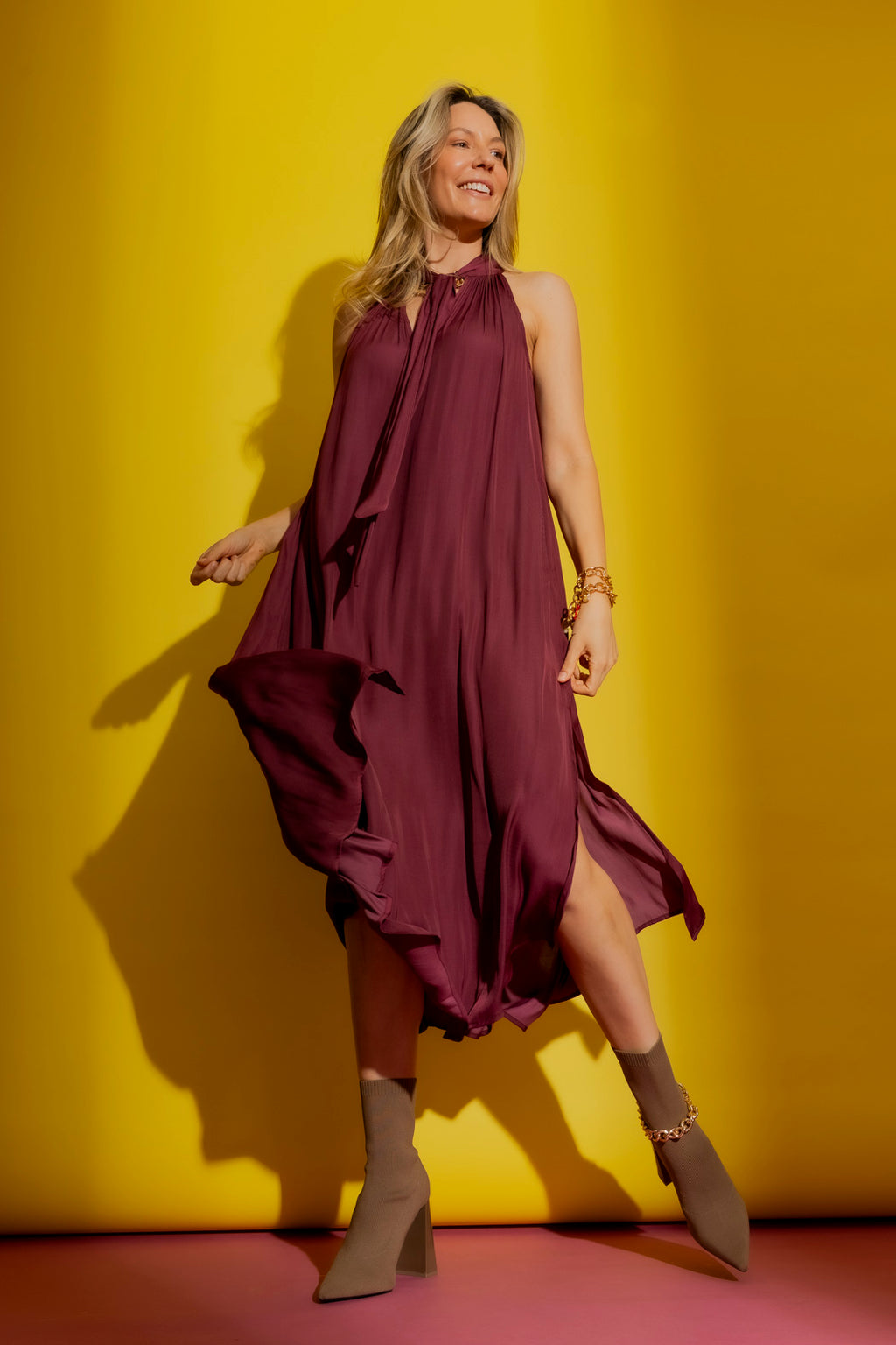 Wine Tie Neck Dress