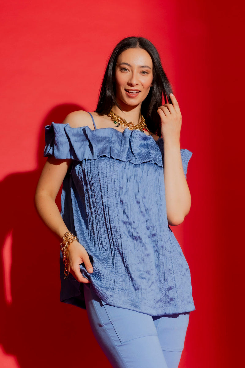 Cornflower Off Shoulder Ruffle Top