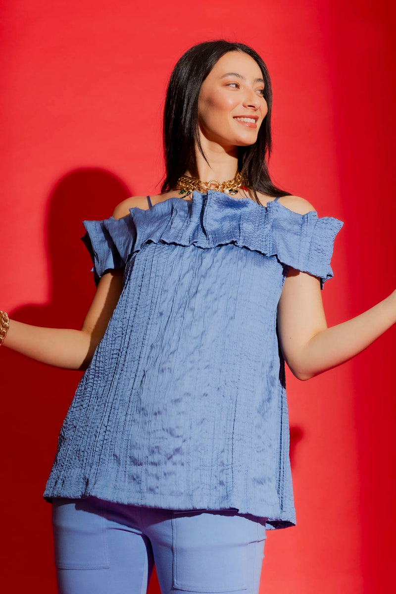 Cornflower Off Shoulder Ruffle Top