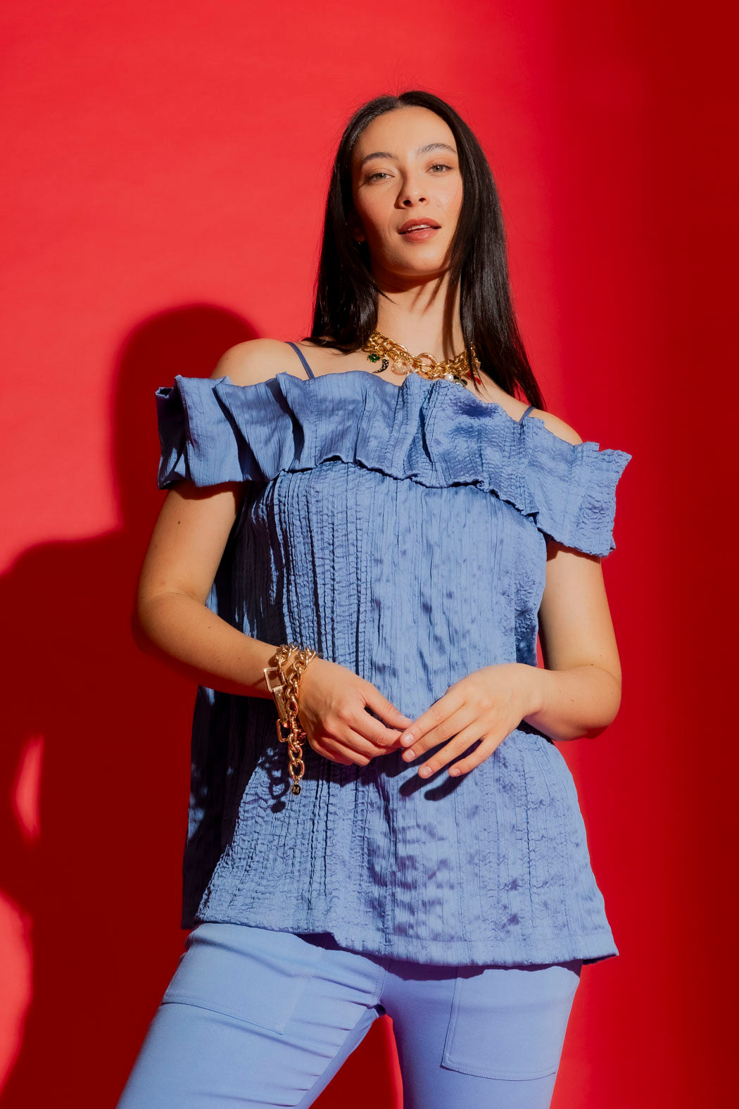 Cornflower Off Shoulder Ruffle Top