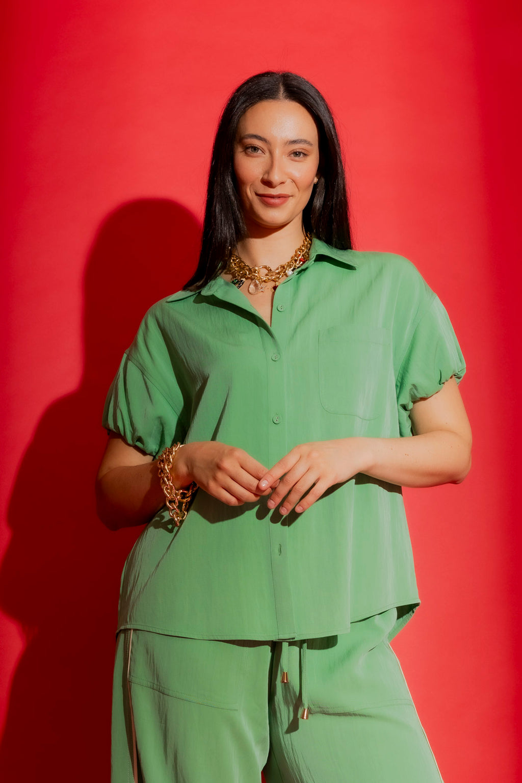 Green Bubble Sleeve Shirt