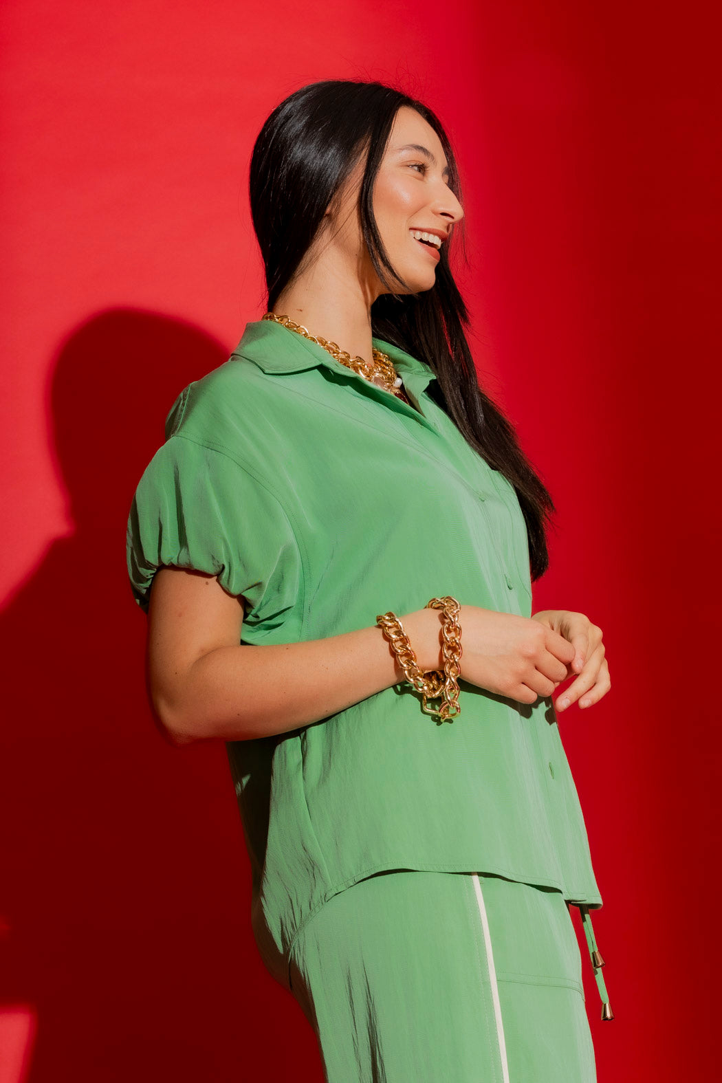 Green Bubble Sleeve Shirt
