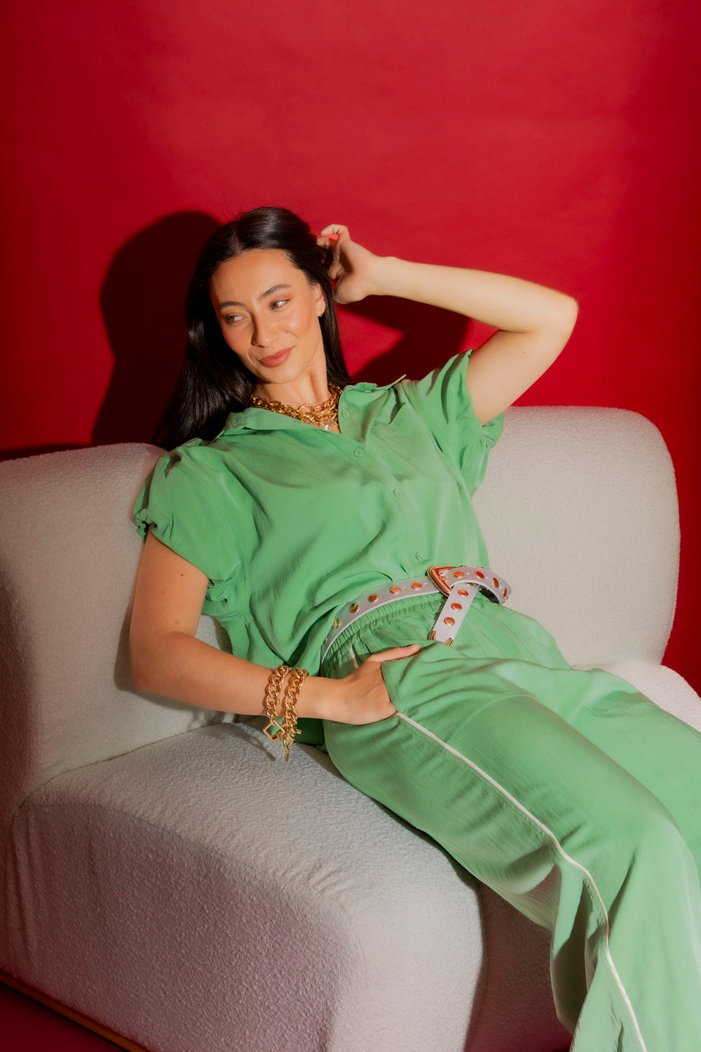 Green Bubble Sleeve Shirt