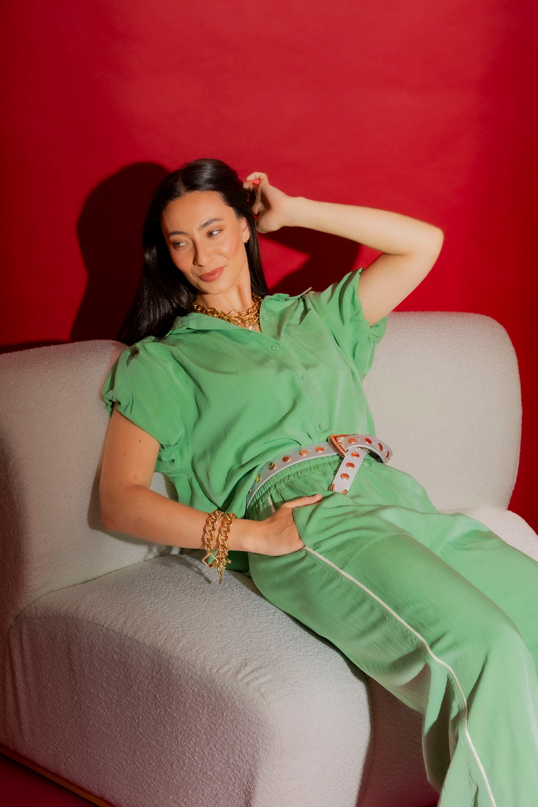 Green Bubble Sleeve Shirt