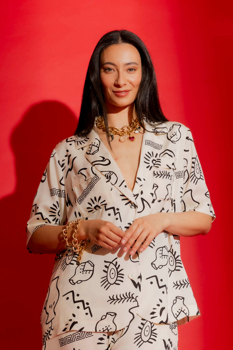 Ivory Print Silky Casual Shirt