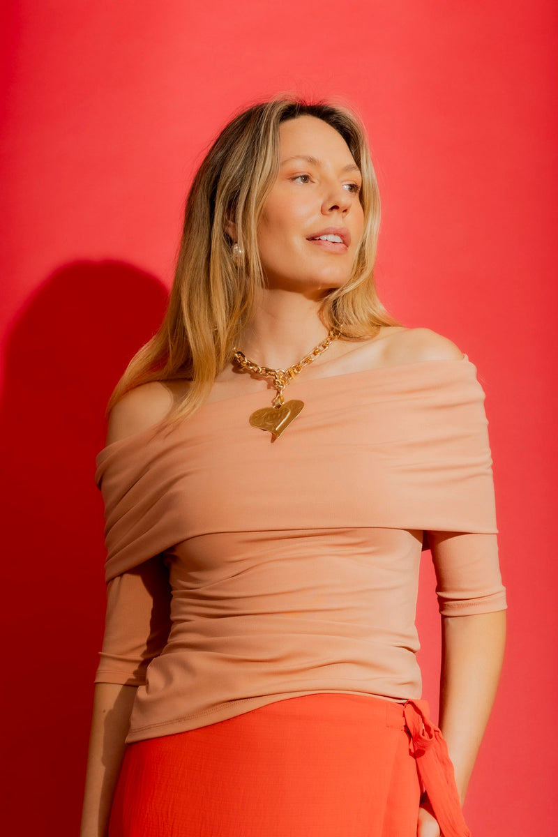 Peach Tencel Off-Shoulder Top