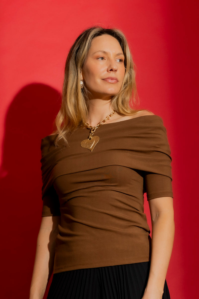 Coffee Tencel Off Shoulder Top