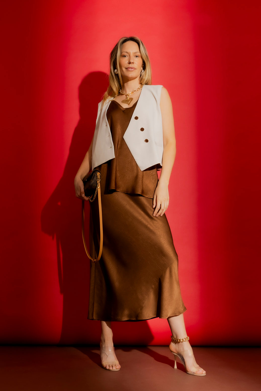 Brown Embossed Bias Skirt