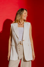 White Sandwashed Linen Single Breasted Vest