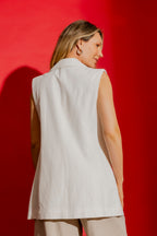 White Sandwashed Linen Single Breasted Vest
